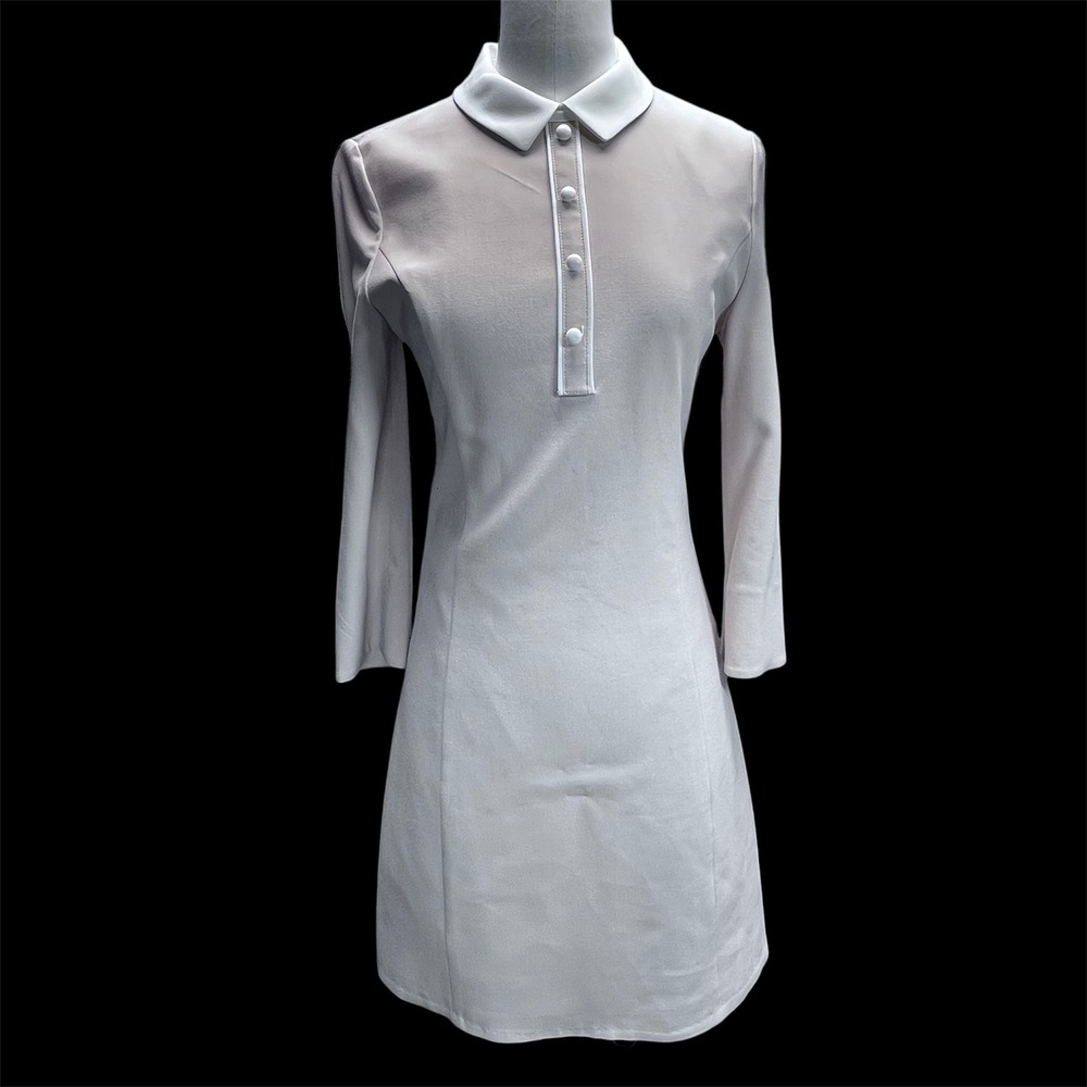 Roem Women Peter Pan Collar Long Sleeve Shift Dress Ivory S‎ Mod Preppy Chic